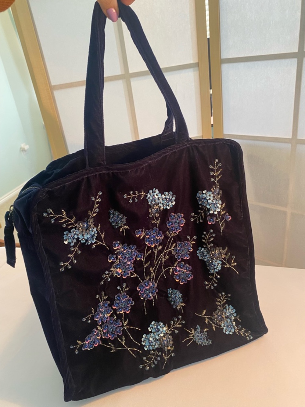 Zara Navy Velvet Tote with Blue Beaded Floral Embroidery